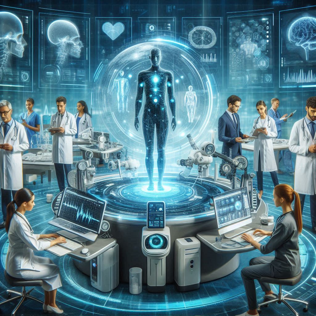 A futuristic scene of a human doctor interacting with an AI-powered robotic assistant in a modern healthcare facility.