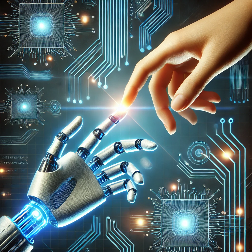 Human hand interacting with a robotic AI hand, with a glowing digital interface in a high-tech futuristic setting.